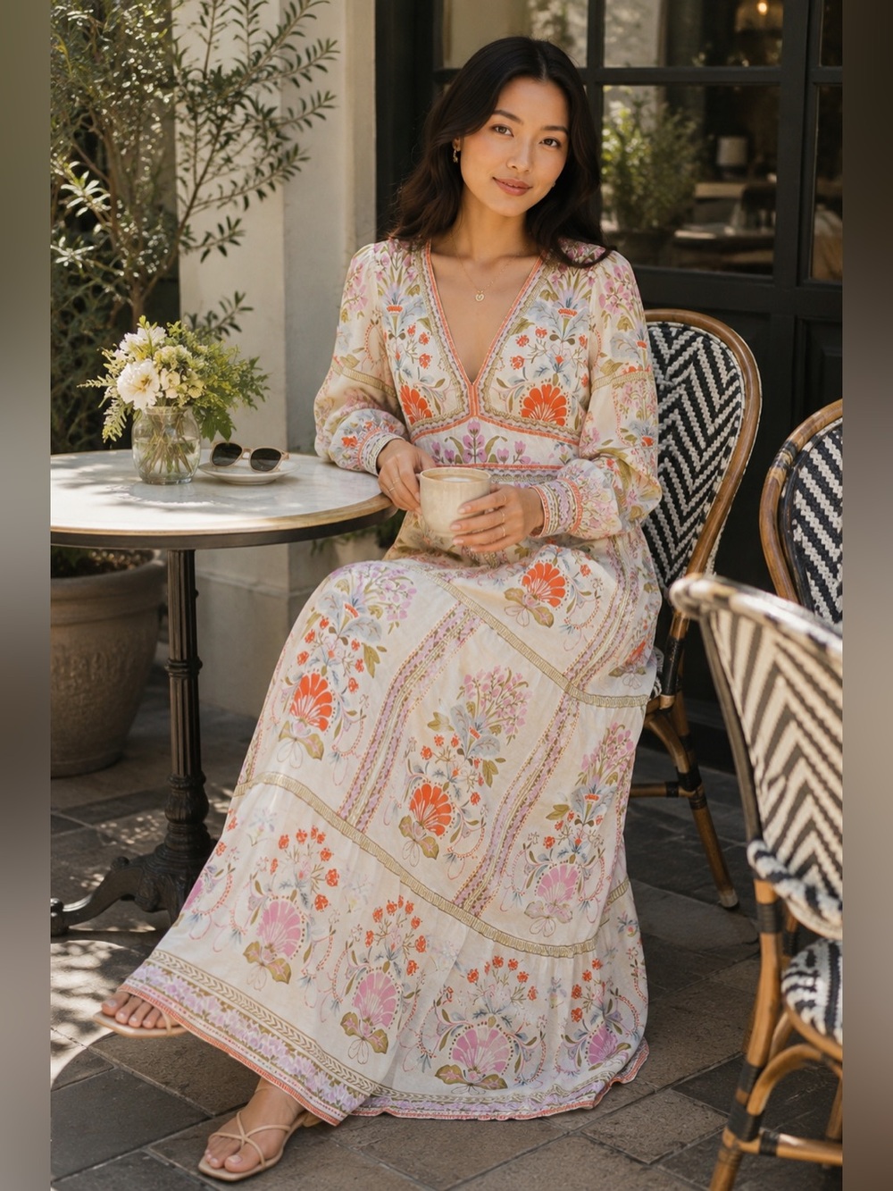 Caballero Perle Vintage Floral Maxi Dress XS Linen Blend Boho Smocked $360
